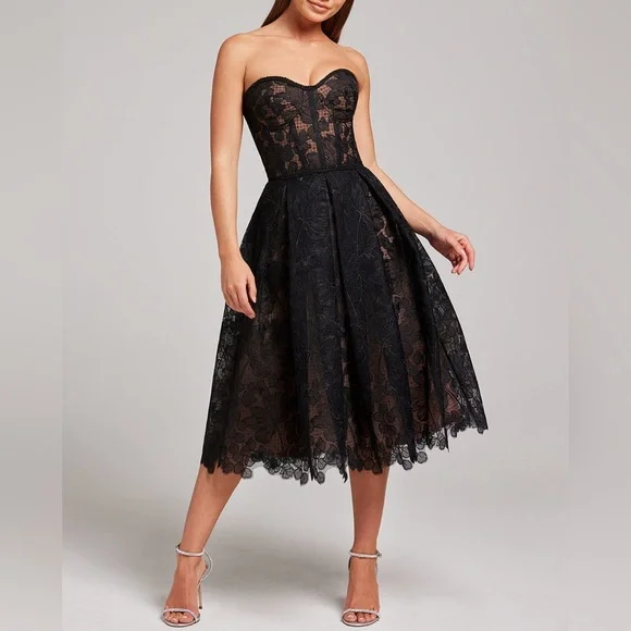 NWOT Nadine Merabi black/nude Olivia dress corseted embroidered lace - Picture 3 of 13
